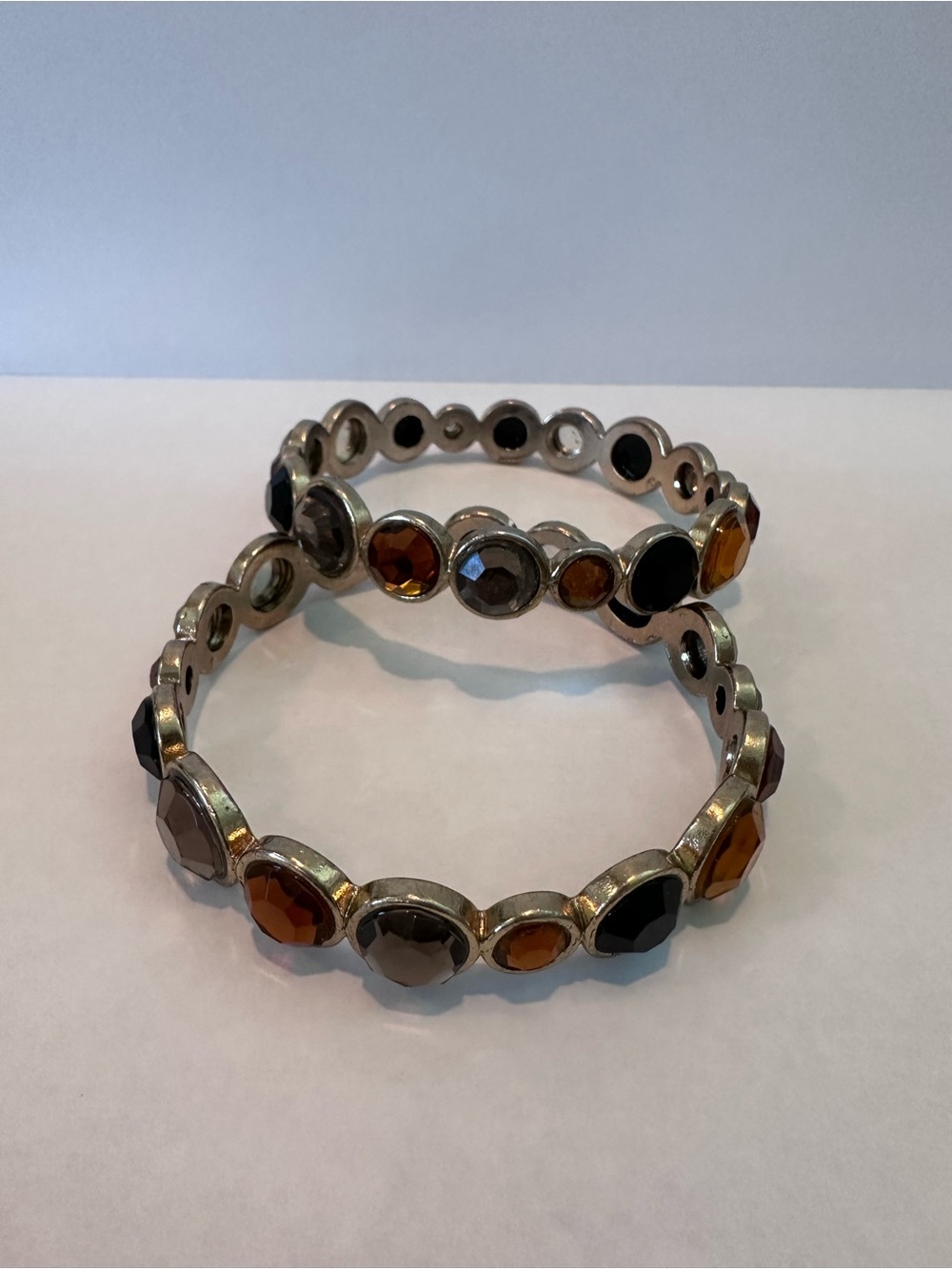 2 Coldwater Creek Goldtone & amber, black, gray gemstone bangle bracelets